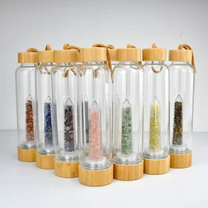 550ml Natural Clear Quartz Point Glass Water Bottle with Bamboo Cover