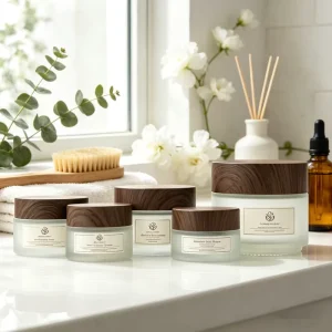 5g 10g 15g 30g 50g 100g Clear Frosted Glass Cosmetic Jars with Plastic Wood Grain Lid