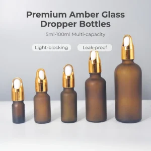 5ml 100ml Frosted Amber Glass Essential Oil Dropper Bottle with Shiny Gold Cap for Serum Storage Aromatherapy Travel