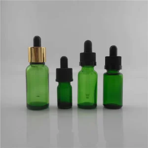 5ml 10ml 15ml Green Glass Dropper Bottles with Screen Printing and Childproof Cap for Olive Oil and Body Oil