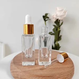5ml Clear Thick Glass Dropper Bottle with Golden Top Rectangular Square Design for Essential Oils and Diffusers