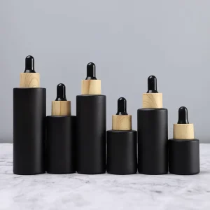 5ml to 100ml Frosted Black Glass Dropper Bottles with Bamboo Lid Top Flat Shape Essential Hair Oil Serum Carton Packed
