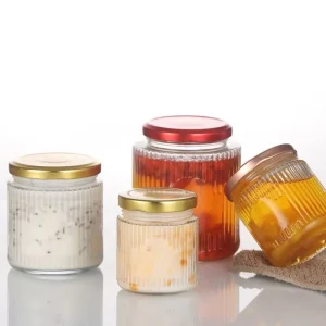 5oz 7oz 12oz 16oz Clear Straight-Side Vertical-Stripe Glass Honey Jar With Metal Lid