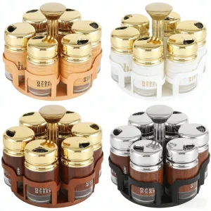 6-Jar Rotating Spice Rack with 360-Degree Rotation, Dual Openings, Glass Jars and Plastic Lids