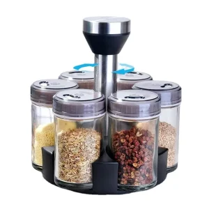 6 Pcs 304 Stainless Steel Spice Jar Set with Glass Revolving Carousel Space Saving Seasoning Rack Kitchen Countertop Home Use