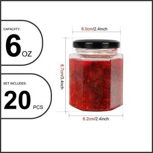 6 oz Small Hexagonal Glass Food Storage Jar with Black Metal Lid for Pickles, Jam, Jelly, Spices, and Honey