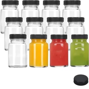 60ml 2oz Round Mini Shot Glass Bottle with Black Screw Cap for Coffee and Juice