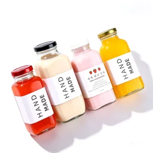 6oz 8oz 10oz 12oz 16oz Empty French Square Milk Glass Bottle with Cap for Juice Milk Tea Cold Pressed Juice
