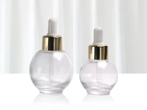 70ml 75ml Empty Ball-Shaped Clear Glass Cosmetic and Essential Oil Bottle with Silver Dropper Cap and White Rubber Top