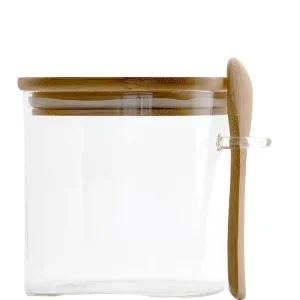 750 ml Square Clear Glass Kitchen Storage Jar with Bamboo Lid and Spoon Screen-Printed Design