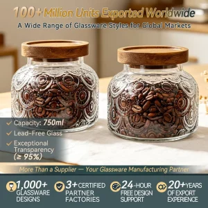 750ml Embossed Glass Storage Jars with Wooden Lids 95% Transparency Airtight Glass Canisters for Coffee Bean Kitchen Storage