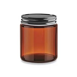 8 Ounce Amber Glass Cylinder Straight Sided Reusable Mason Canning Jars with Black Metal Lids Case of 12