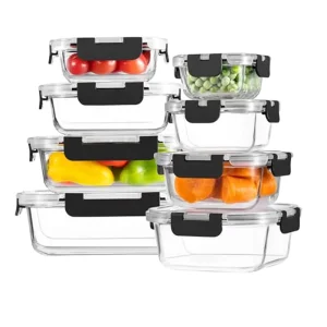 8-Pack Borosilicate Glass Food Containers with PP Lids Square Rectangle Lunch Boxes