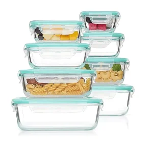 8-Pack Glass Food Storage Containers with High Borosilicate Glass Lids, Square, Round, and Rectangle
