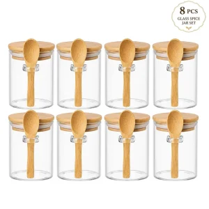8 Pack Glass Spice Jars with Bamboo Lids and Attached Spoons Airtight Seasoning Containers