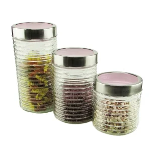 800ml 1200ml 1700ml Engraved Horizontal Strips Glass Kitchen Storage Jars Set Metal Mirror Lids Food Container Presents Carton