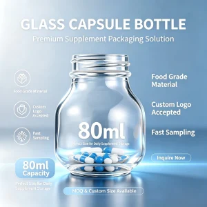80ml Clear Empty Glass Pill Bottle, Food Grade Capsule Storage Glass Jar, Screw Neck, Custom Logo Silk Screen Printing