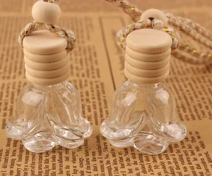 8ML Rose Flower Shaped Clear Glass Car Hanging Air Freshener Bottle With Stacked Wooden Cap Gold Thread Braided Lanyard