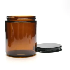 8oz 9 oz Amber Glass Straight-Sided Round Jar with 70-400 Black Metal Lid