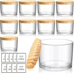 9-Piece 16 oz Wood Grain Transparent Glass Candle Jars with Bamboo Lids and Labels