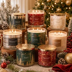 AIKUN Seasonal Holiday Gold Foil Soy Wax Three Wick Scented Candle Glass Jar Candle Gift Set for Christmas