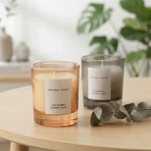 AROMA HOME Glass Scented Candle Wild Bluebell Sandalwood Multiple Scents Amber Grey Jar Custom Logo Diwali Ramadan