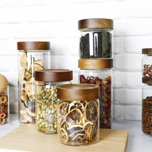 Acacia Walnut Wooden-Lid Airtight Food-Grade Borosilicate Glass Canisters, 180ml 300ml 1000ml