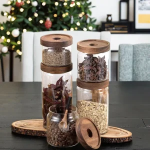 Airtight Clear Borosilicate Glass Storage Jar with Acacia Wood Lid for Coffee, Spices, Confectionery, and Food