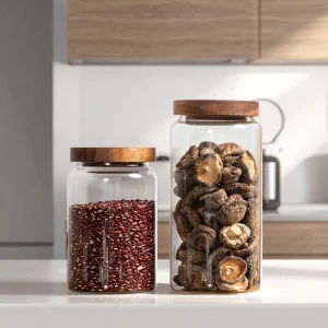 Airtight Eco Friendly Glass Storage Jars Bottle Shape Large Capacity Pantry Storage for Beverage with Wood Lids