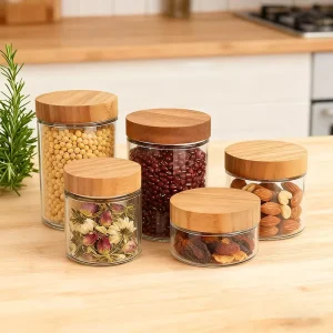 Airtight Glass Food Storage Honey Jar 220ml 300ml 420ml 660ml 730ml Customize Tiny Glass Jar with Bamboo Wooden Lids