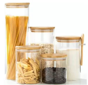 Airtight Glass Food Storage Jars with Bamboo Lids and Spoon for Candy, Cookies, Rice, Sugar & Flour