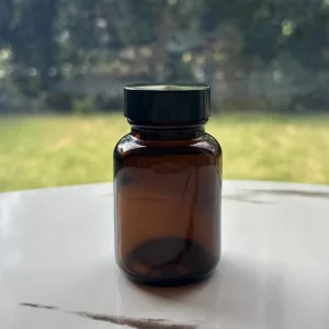 Airtight Light-Proof 60cc Amber Glass Capsule and Powder Bottle with Seal Liner and Black Cap