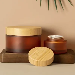 Amber Brown Round Glass Cosmetic Jar with Bamboo Wood Lid for Face and Eye Cream, 5g 15g 30g 50g