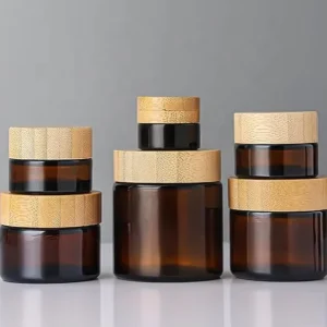 Amber Face Cream Glass Jar Containers 5g 10g 15g 20g 30g 50g 60g 100g 1oz 2oz 4oz with Wood Bamboo Lid