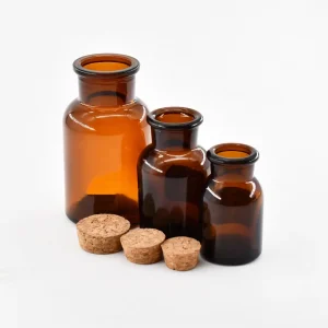 Amber Glass Airtight Wide-Mouth Reagent and Apothecary Pill Bottle with Cork Stopper
