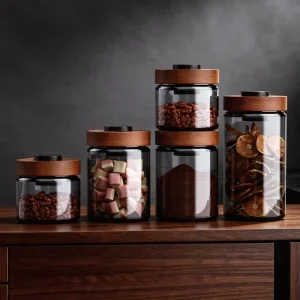 Amber Glass Coffee Bean Storage Jar with Wooden Lid, Odor-Proof and Airtight