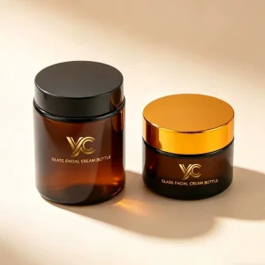 Amber Glass Cosmetic Jar with Gold Plastic Lid 50g Customizable Skincare Container