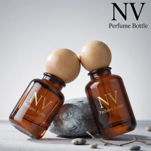 Amber Glass Perfume Bottle 30ml 50ml 100ml with Sphere Wood Lid Refillable Empty Fragrance Spray Bottle with Box