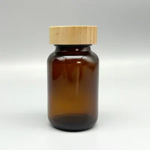 Amber Glass Pill Bottle, 60 cc, 75 cc, 100 cc, 200 cc, with Bamboo Cap, for Tablets and Food Supplements