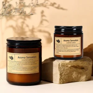 Amber Glass Scented Candle Jars Black Metal Thread Lid Brown Glass Vessels Soy Wax Candles