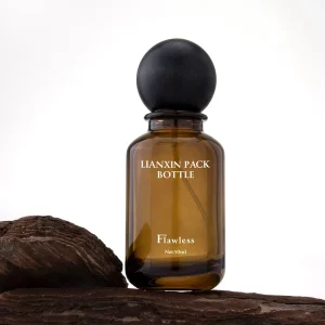 Amber Perfume Bottle with Wooden Round Cap and Pump Sprayer, 30ml 50ml 100ml, with Box