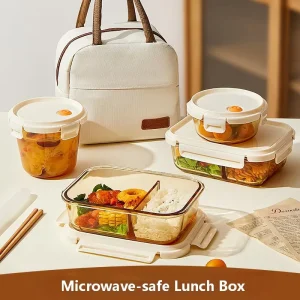 Amber Rectangular Divided High-Borosilicate Glass Food Container, Microwave and Freezer Safe