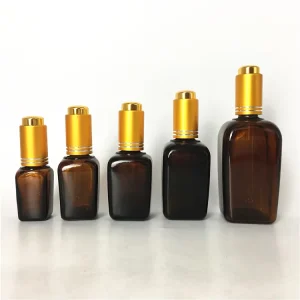 Amber Square Glass Bottle with Golden Pump Lid for Essence and Cosmetics, 10ml 20ml 30ml 50ml 100ml