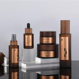 Ash Wood Cosmetics Packaging Set Empty Skincare Travel Set Amber Glass Bottle Bamboo Lid Customized Printing