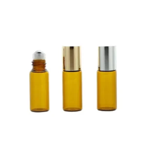 BLP15 3ml Mini Amber Glass Essential Oil Roll-on Bottle with Metal Roller Ball Applicator and Gold or Silver Cap