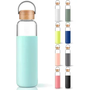 BPA-Free Portable Sports Glass Water Bottle with Silicone and Handle
