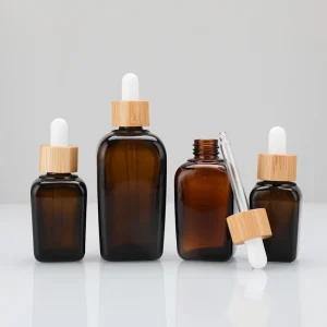 Bamboo Cosmetic Container 10ml 100ml Square Amber Glass Dropper Bottles for Essential Oils Skin Care Serum Facial Cleanser