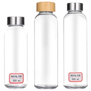Bamboo Lid Metal Cap Glass Water Bottle 150ml 300ml 420ml 500ml 750ml 1000ml for Juice and Beverage Packaging