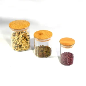 Bamboo Spice Jars Contenedores Frascos De Vidrio Con Tapa Spicy Bottle Set Round Glass Jar With Bamboo Lid