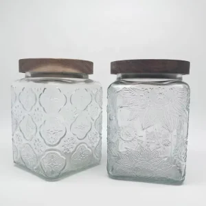 Begonia Pattern Carved Glass Spice Jar with Airtight Acacia Lid for Candy, Sugar and Snacks
